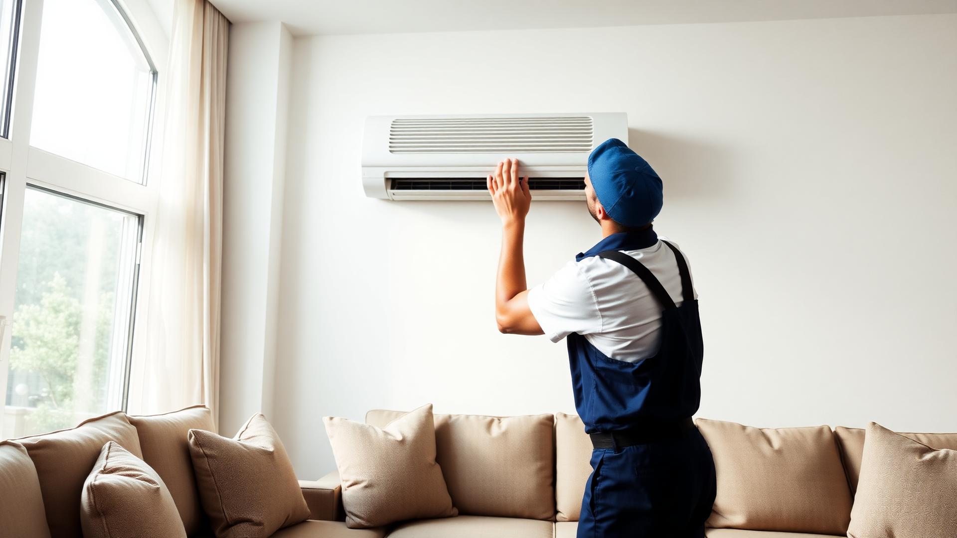 Climio installation engineer fitting a wall-mounted air conditioner in a bright modern living room