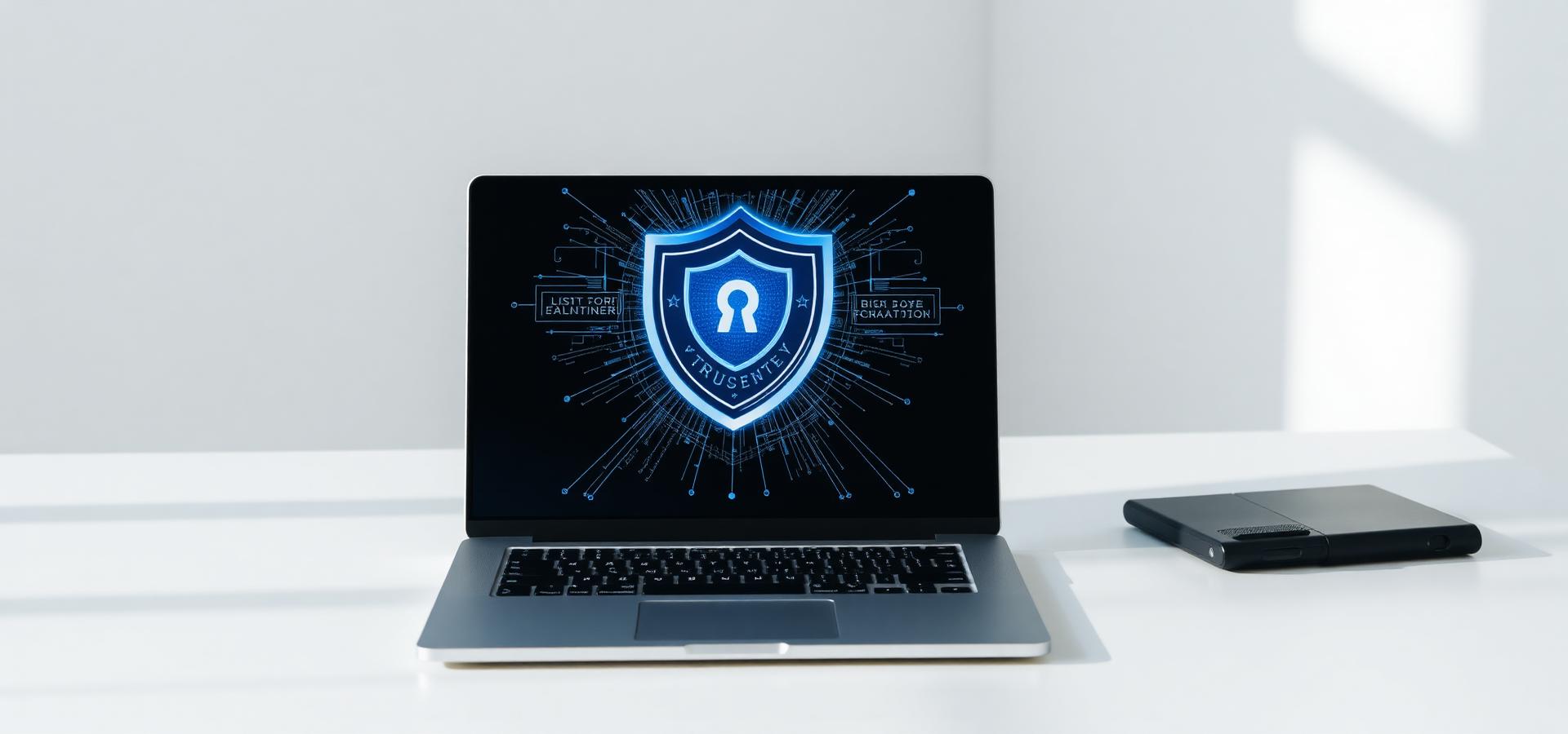 Minimalist workspace with a laptop displaying a secure privacy shield